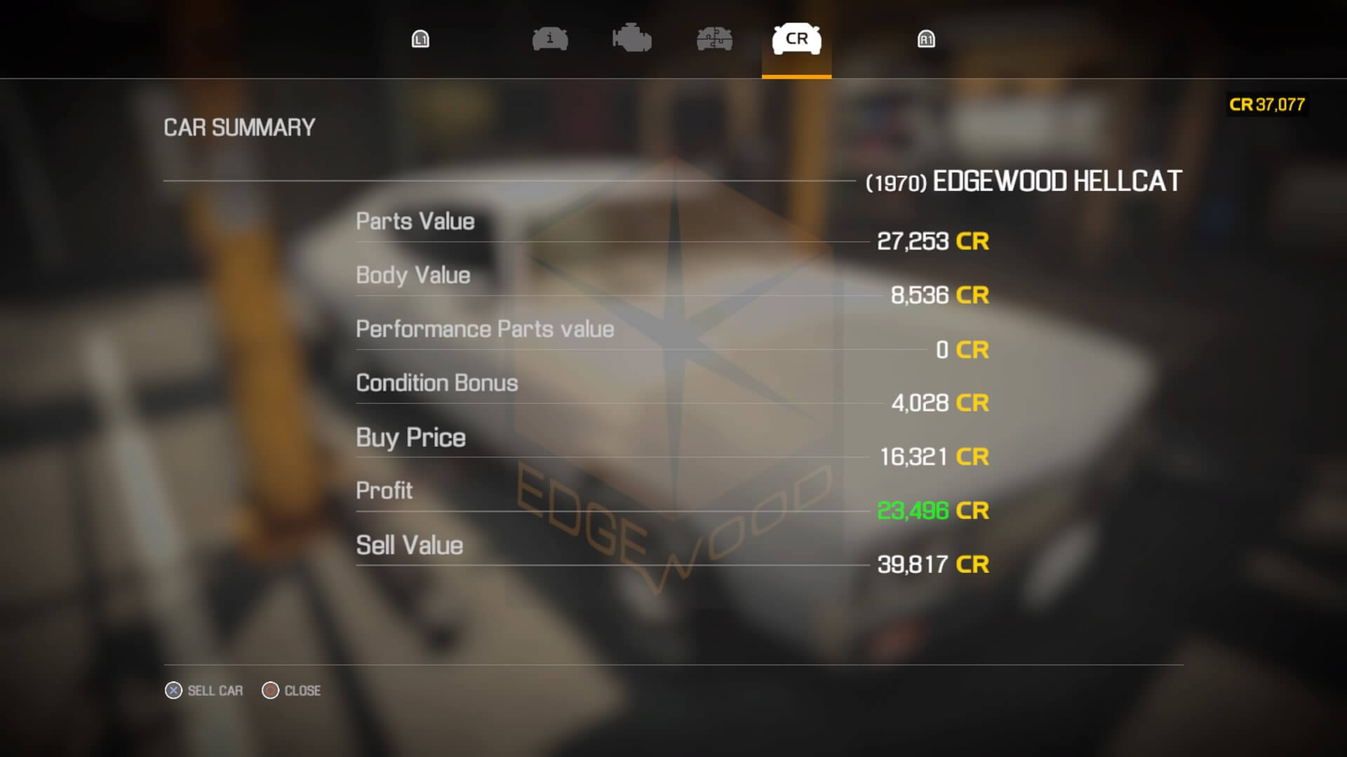 Screenshot showing the profit made from the 1970 Edgewood Hellcat