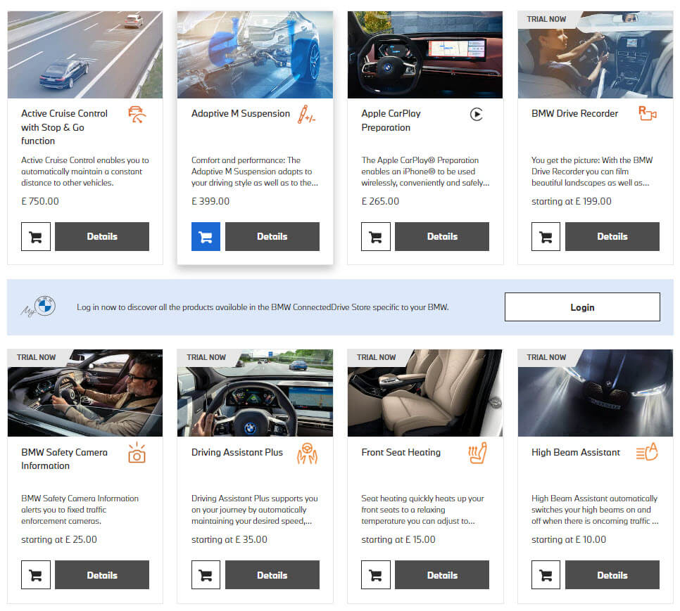 Screenshot of BMW's UK , showing available OTA options.