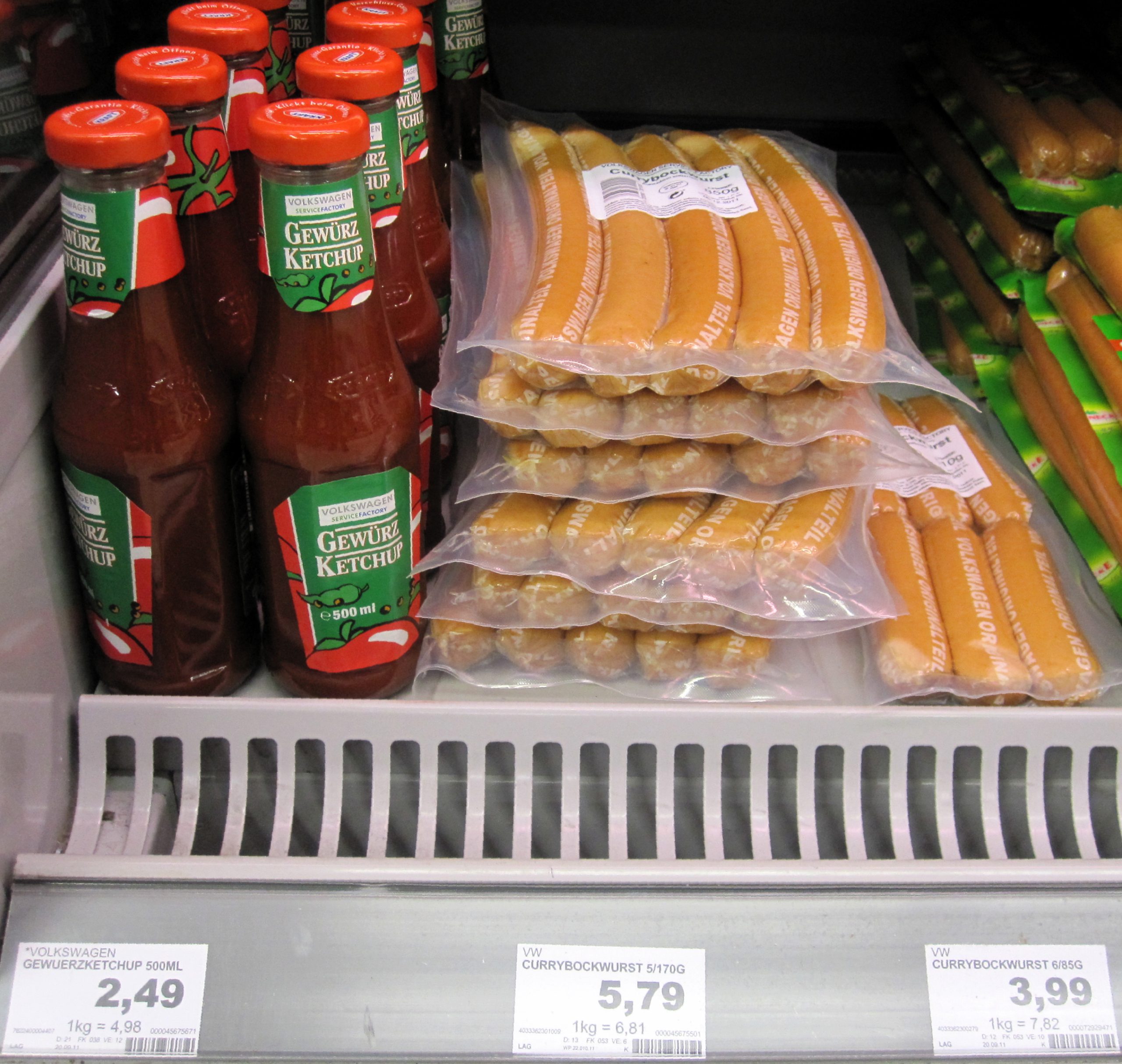 Volkswagen curry ketchup alongside currywurst for sale.