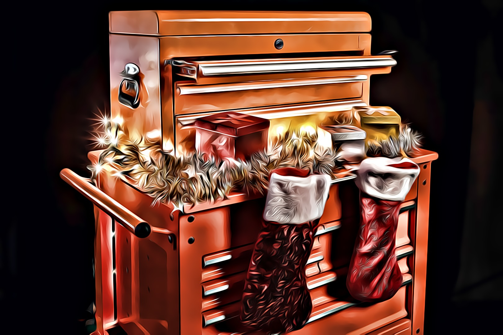 Christmas gifts on a toolbox.